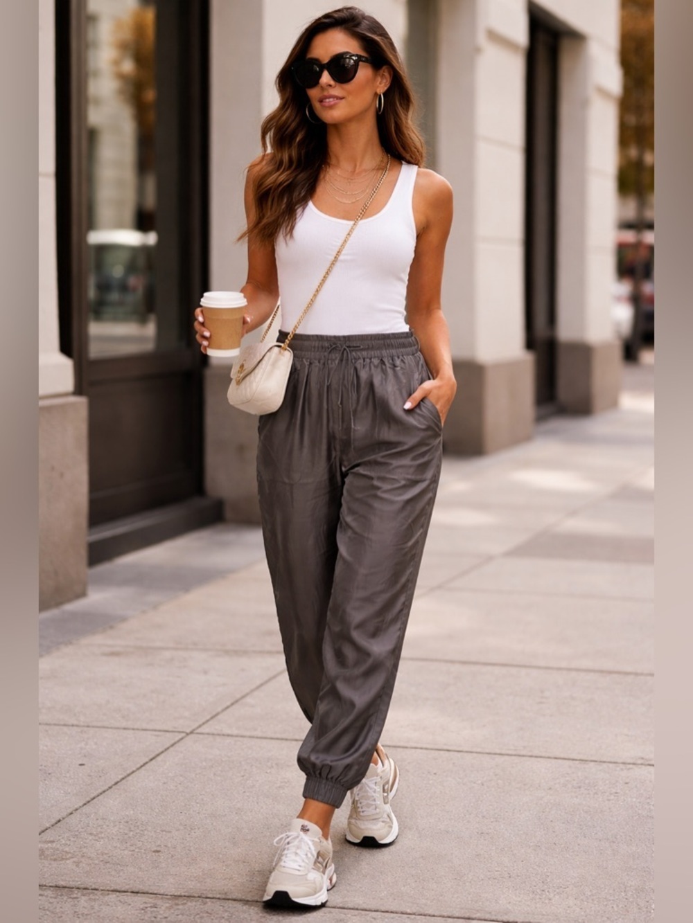 Beautiful People 100% Silk Jogger Pants Small Gray Waistband Luxe Minimalist USA